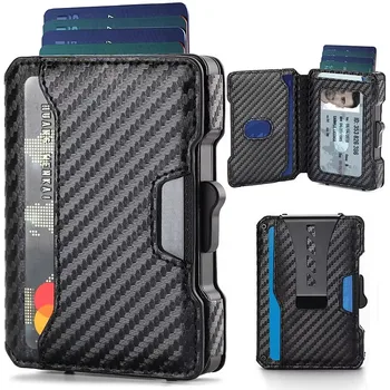 Portafoglio da uomo, portafoglio minimalista sottile con fermasoldi, portafoglio smart con blocco RFID e sistema pop-up, porta carte di credito in metallo