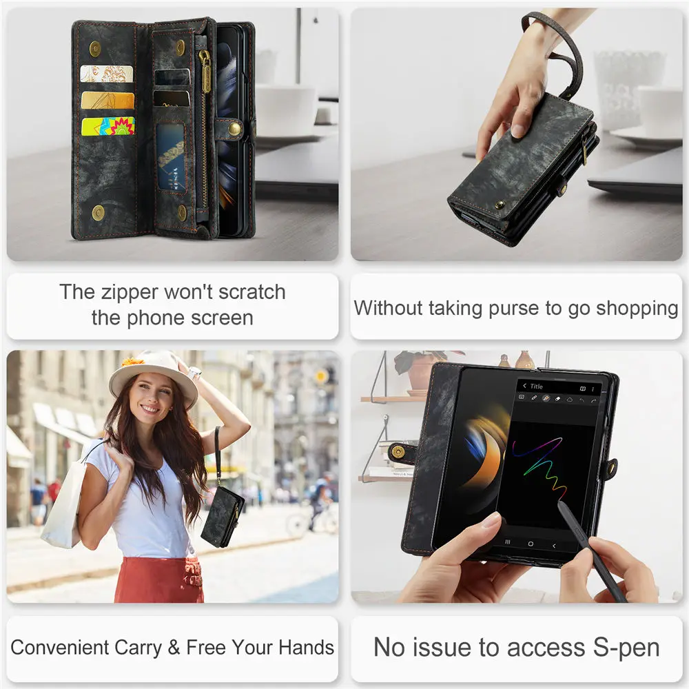 Samsung Galaxy Z Fold 4 Wallet Case with S Pen Holder PU Leather Zipper  Folio