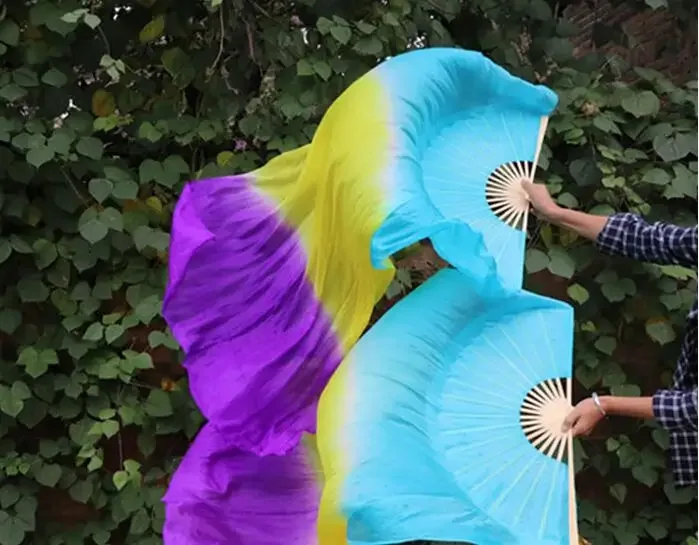 맞춤형 실크 팬 베일 접이식 긴 팬 배꼽 Dace 무대 공연 소품 보라색 핑크 그라디언트 Bellydance 의상 그라디언트
