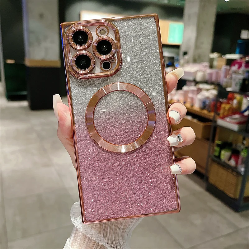 Luxury Magnetic Glitter Electroplated Square Case For iPhone 14 Plus 13 12 11 Pro Max For Magsafe Silicone Soft TPU Back Cover_voghion.com