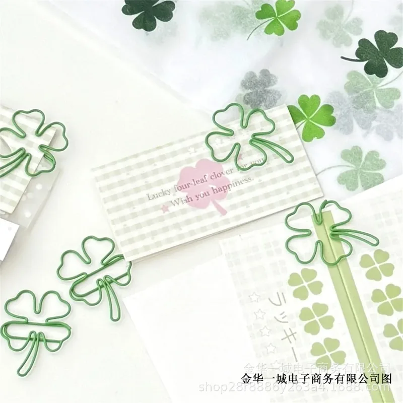 10 Cute Green Four-Leaf Clover Paperclips - Decorative Binder Clips for Scrapbooking & Office Supplies
