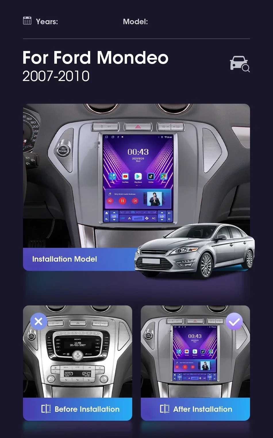 Srnubi Android 13 Autoradio für Ford Mondeo mk4 Galaxy A/C 2007–2010 Multimedia Video 2Din 9,7 Zoll 4G WIFI GPS Carplay Navigation – Detail 5
