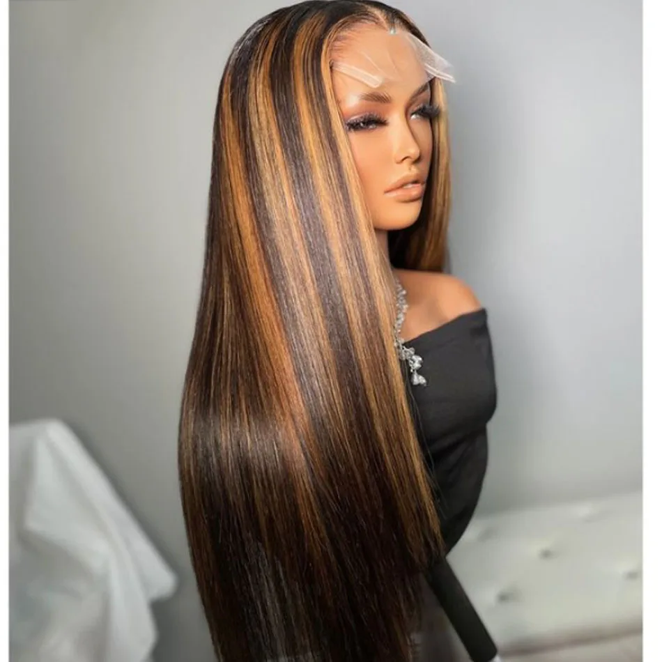 

26 Inch Long Soft Highlight Brown Straight 180Density Lace Front Wig For Black Women BabyHair Glueless Preplucked Heat Resistant