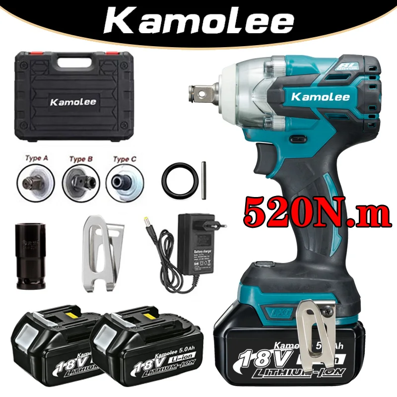 Kamolee Tool DTW285 520N.m High Torque Brushless Electric Impact Wrench 1/2 & 1/4 Inch Compatible With Makita 18V Battery kamolee tool 1800nm high torque brushless 1 2 inch impact wrench dtw700 2 batteries tool box