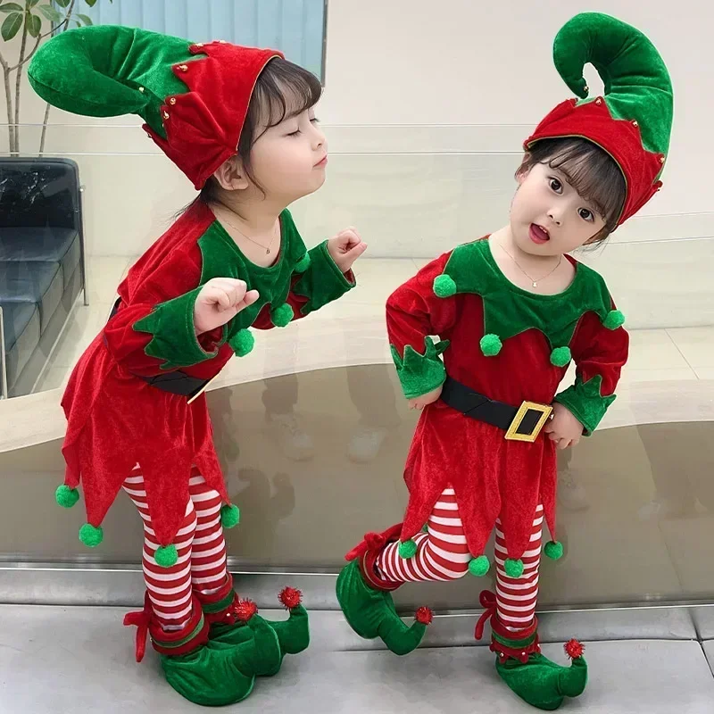 

Christmas Red Green Santa Claus Costume Cosplay Kids Elf Clothing New Year Carnival Party Dress family Performance