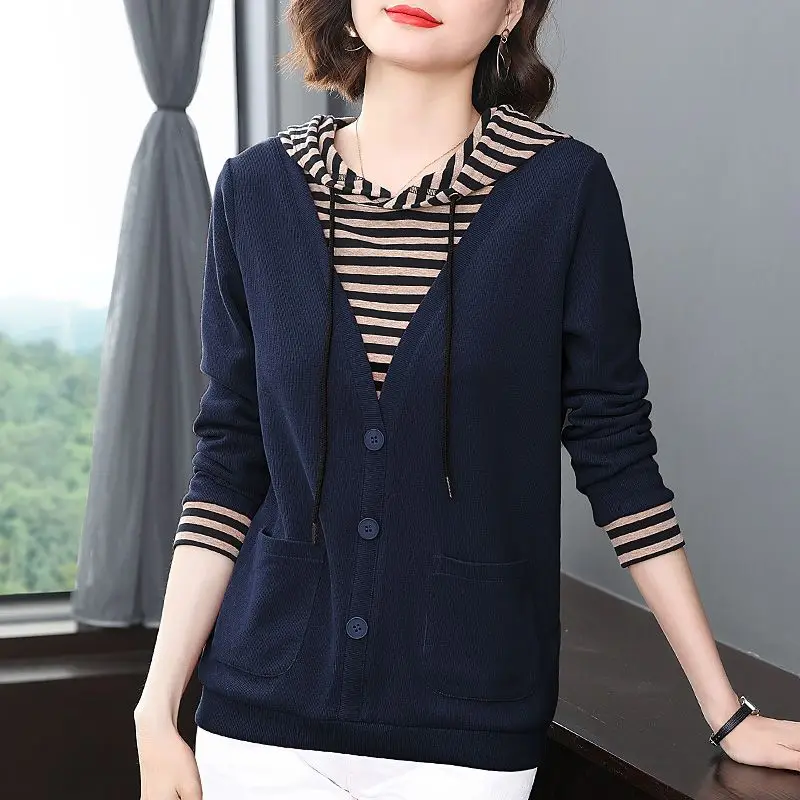 Fake Two Pieces Hooded Sweatshirts Female Clothing Casual Drawstring Spring Autumn Fashion Solid Color Striped Spliced Pullovers
