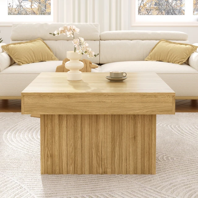 Table basse en bois avec plateau en PB et base en MDF, 79x79x46 cm, robuste, polyvalente, design moderne pour le salon, la salle à manger, le bureau, la décoration 1