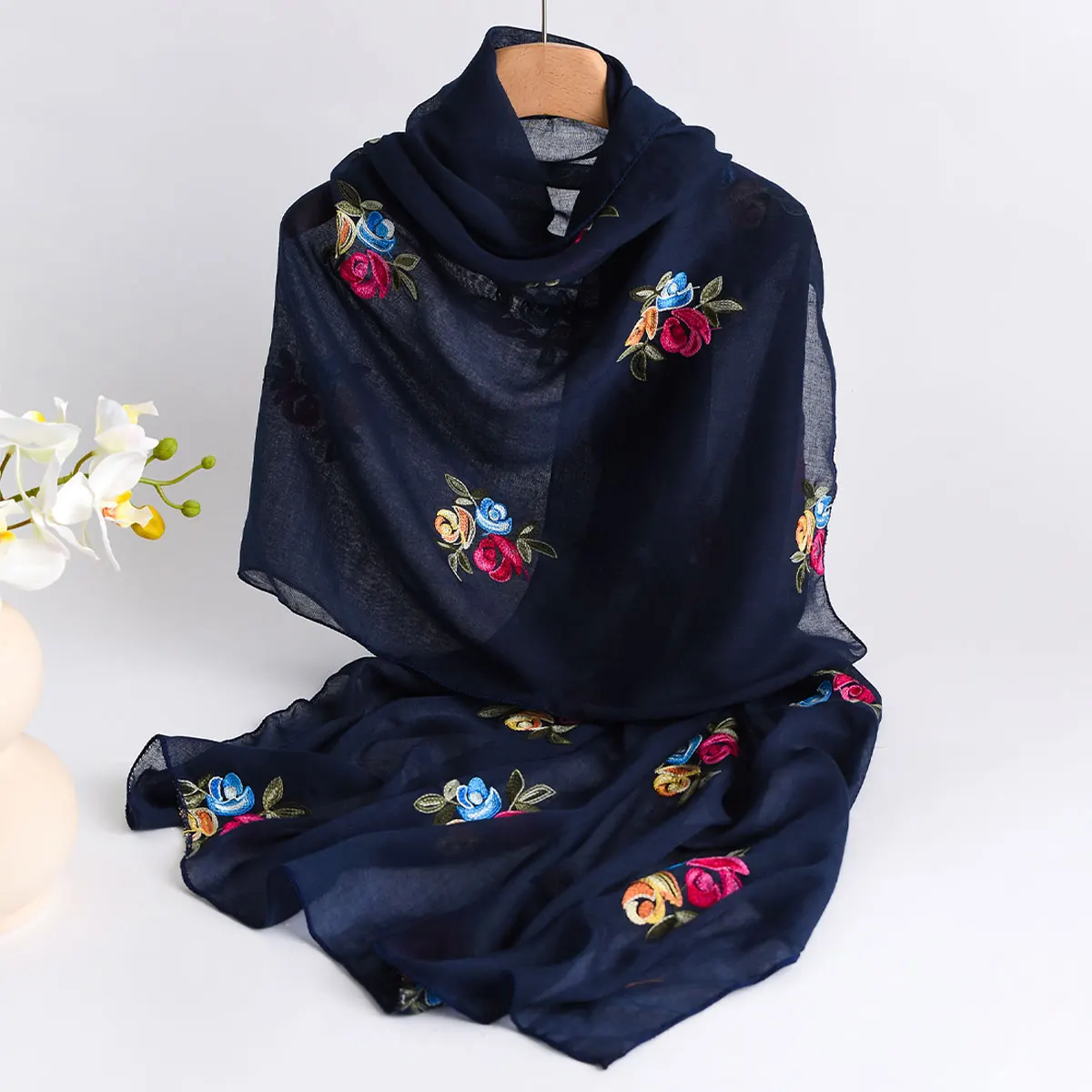 Latest Fashion Embroidery Floral Long Scarf Hijab Woman Shawl Summer Solid Color Wraps For Ladies Stole Headband 2025