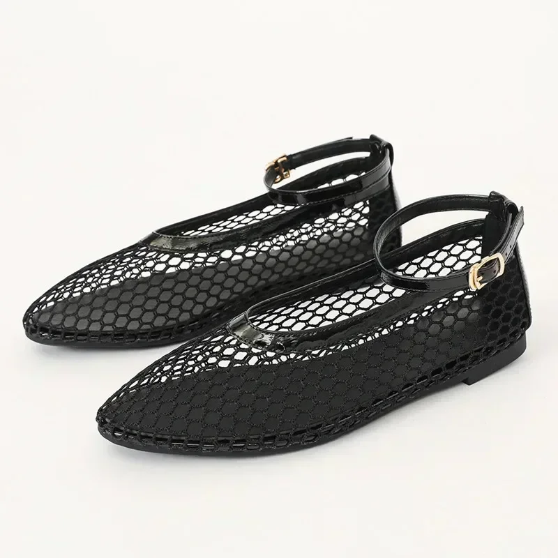 Fashion Hollow Design Mesh Breathable Women's Flats Sexy T-Strap Belt Buckle Ballet Shoe Non-Slip Soft Sole Cozy Shoes for Women women shoes women flats