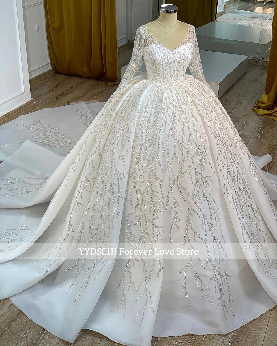 Maßgeschneidertes Luxus-Ballkleid mit V-Ausschnitt, Hochzeitskleid 2026, Funkelnde Spitze mit Pailletten, Brautkleid mit Schleppe, Vestidos De Novia – Detail 3