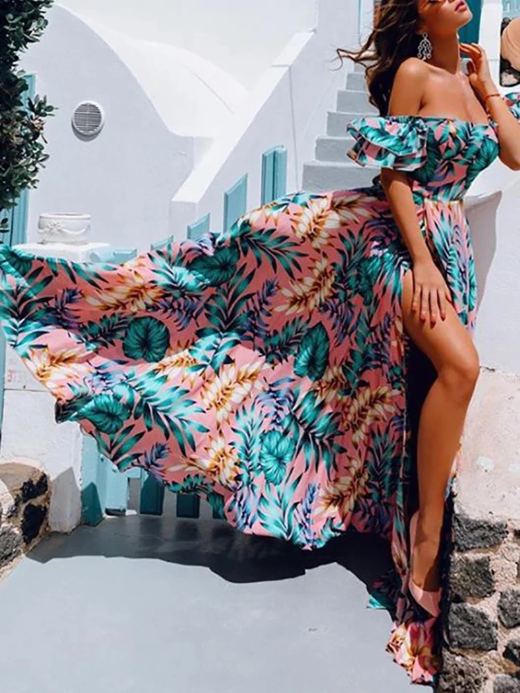 

Женское платье с разрезом и принтом, летнее праздничное элегантное модное Платье макси с коротким рукавом и вырезом лодочкой в пляжном стиле, уличная одежда