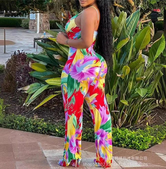 Women's Summer Outfit Slim Fit Tie Dye Camisole Sleeveless Backless Sexy Casual Vacation Hawaiian Beach Print Jumpsuit