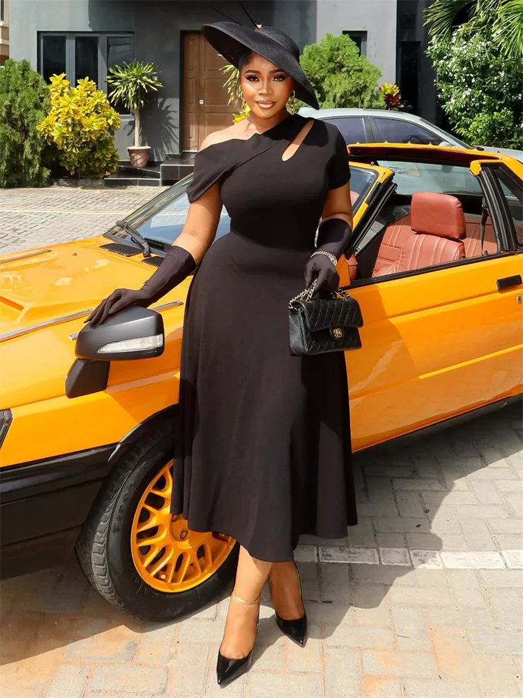 Wmstar Plus Size Dress Women Wholesale Short Sleeve Hollow Out Solid Color Cinched Waist Dress with A Slanted Collar Cutouts