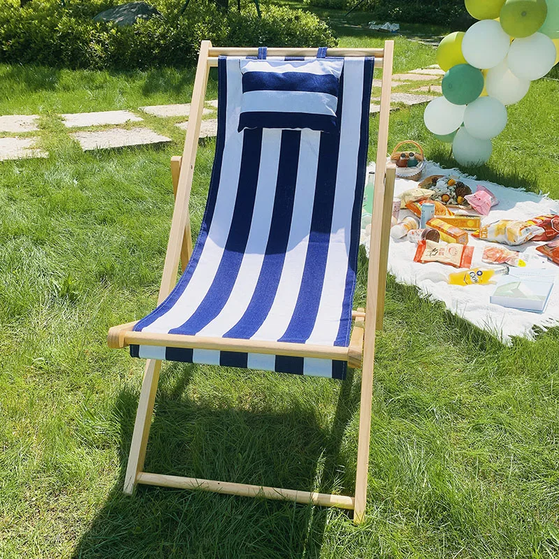 

Beach Chair Outdoor Minimalist Modern Luxury Design Wooden Foldable Lounge Oxford Cloth Comfortable Portable Leisure Furniture