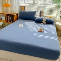 Simple Solid Color Blue Fitted Sheet Set 3Pcs Japanese Style Mattress Cover Skin-friendly Breathable Queen Size Bedding Set 2