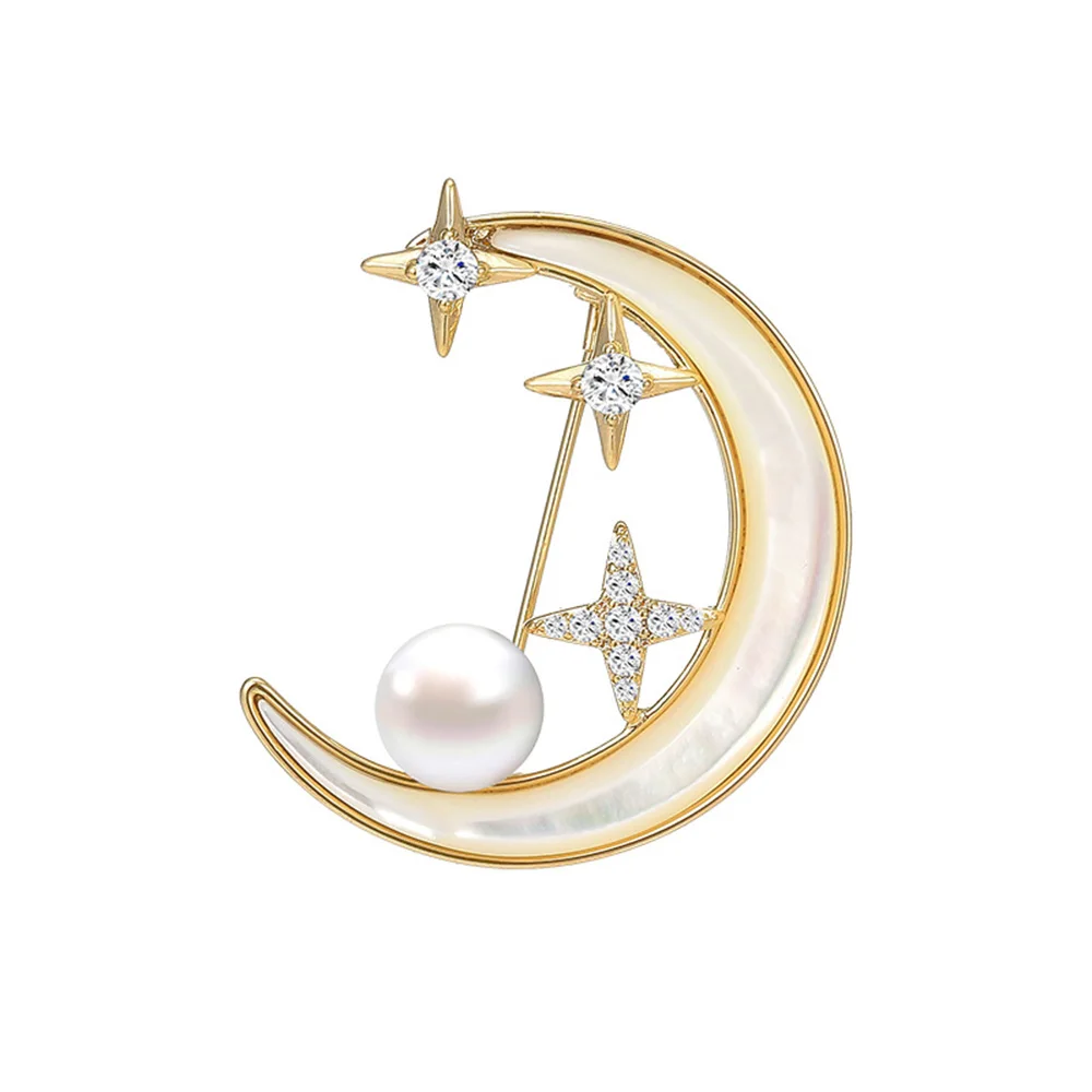 Exquisite Elegant Rhinestone Moon Pearl Brooches For Women Crystal Star Crescent Lapel Pins Fashion Jewelry Clothing Accessories