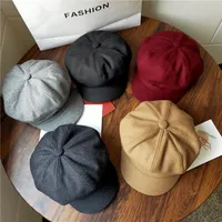 Women‘s Winter Vintage Woolen Berets Caps French Artist Warm Felt Hats Beret Female Solid Octagonal Hat Autumn Girl Newsboy Cap 5