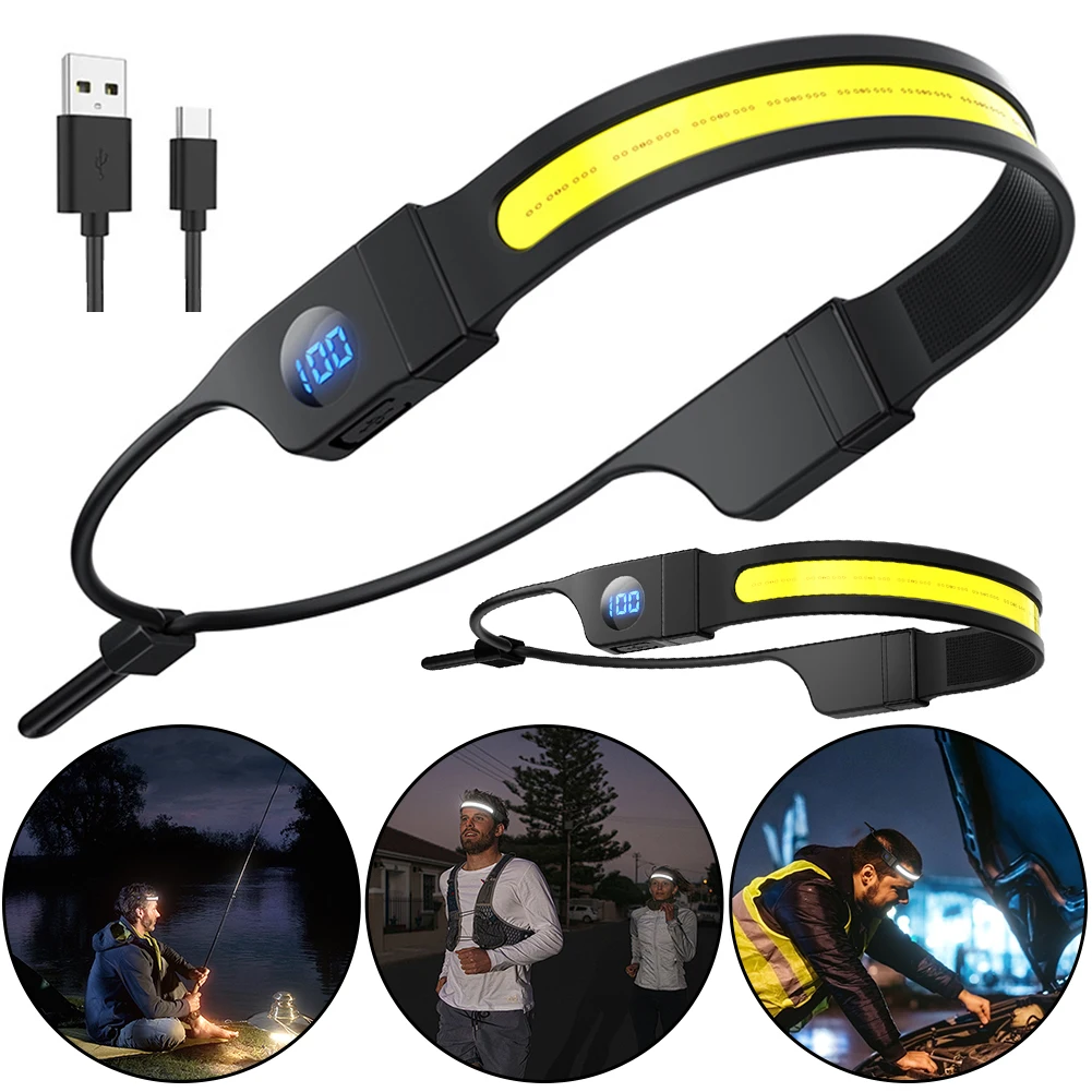 LED + COB 헤드램프, USB 충전식 헤드 손전등, 디지털 전원 디스플레이, 캠핑 개 산책 낚시 하이킹용, 3 가지 모드