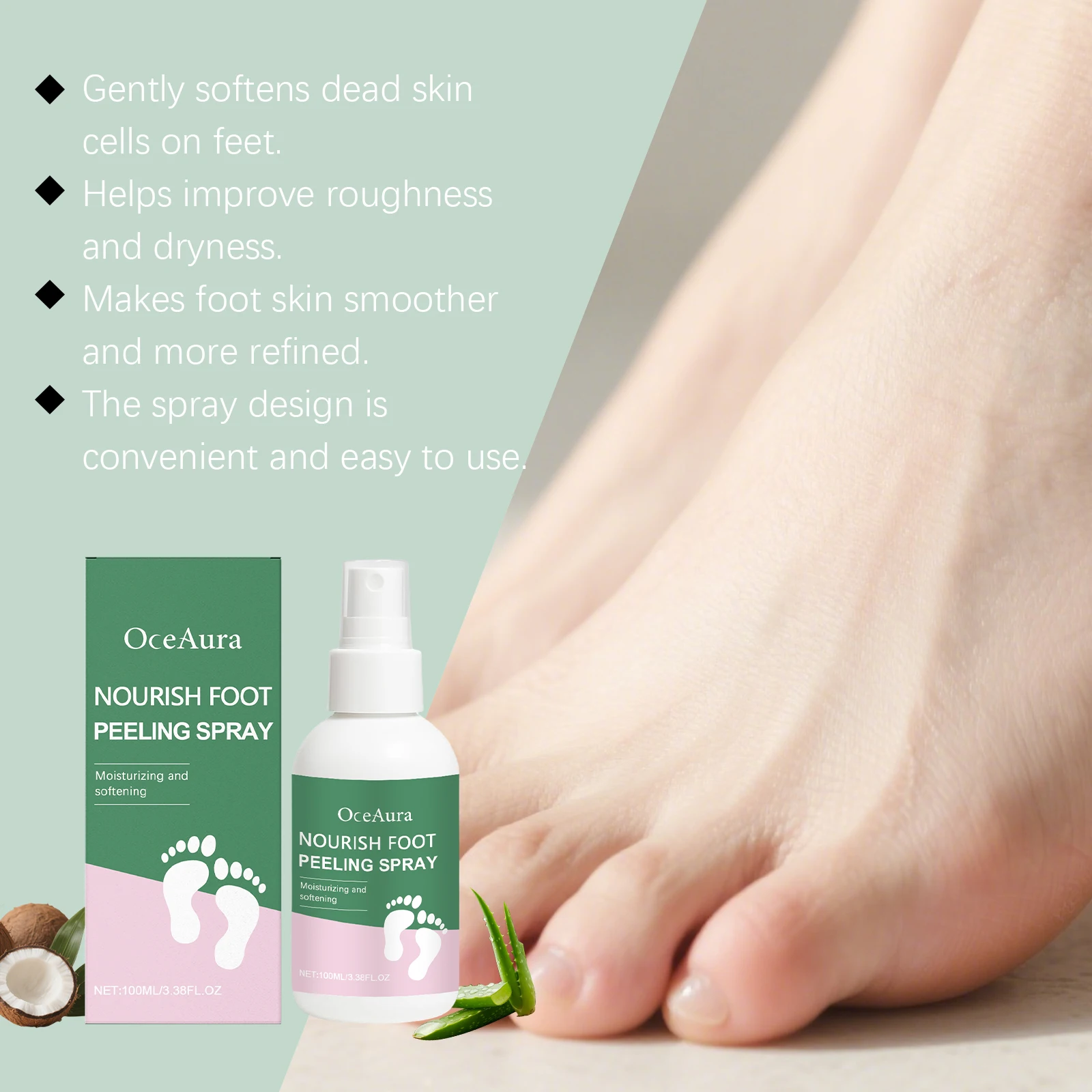 OCEAURA Foot Exfoliating Spray Deep Clean Relieve Dryness Moisturize Epidermis Massage Skin Improve Roughness Feet Nourish Spray
