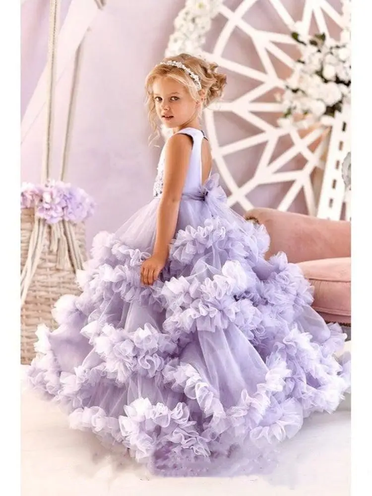 

Lanvender Flower Girl Dresses For Wedding Tiered Backless Toddler Pageant Gowns Tulle Floor Length Kids Prom Dress