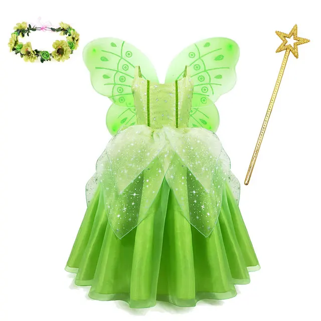 thumbnail image 1 of Disney-disfraz de princesa Tinker Bell para niñas, vestido de hada de las flores verdes, disfraz de elfo con purpurina, ala de mariposa, fiesta de Halloween, 1 of 5