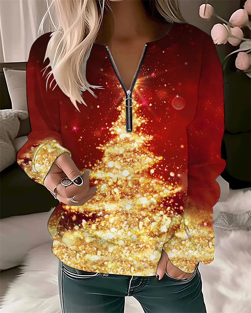 

Women's round neck zippered sweater with Christmas element printing, 2023 autumn new sportswear fashionable long sleeves