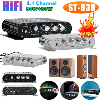 ST-838 HiFi 2.1 Channel Power Amplifier Stereo Bass Sound Amp RMS 80W*2 Class D Mini Media Player MP3 Car Black Home Amplify 1
