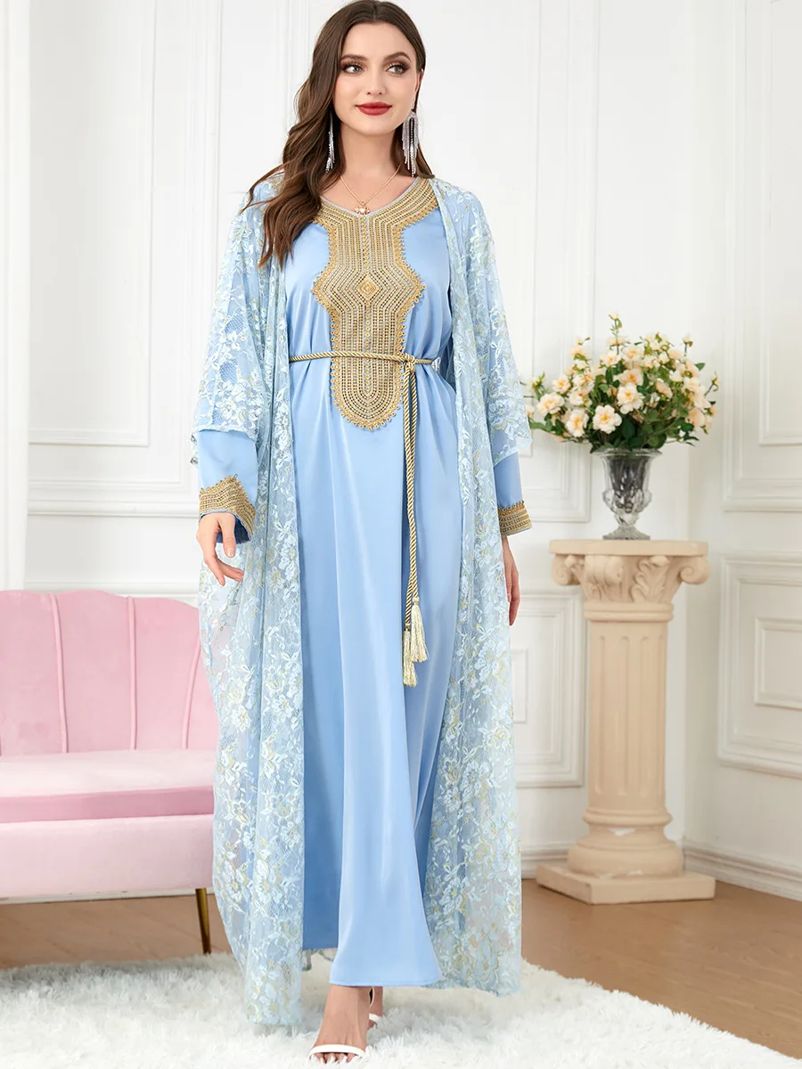 

Turkey Muslim Sets Women 2 Piece Abaya Set Ladies Stain Lace Hook Flower Cardigan Abayas Belted Kaftan Dress Dubai Turkey Arabic