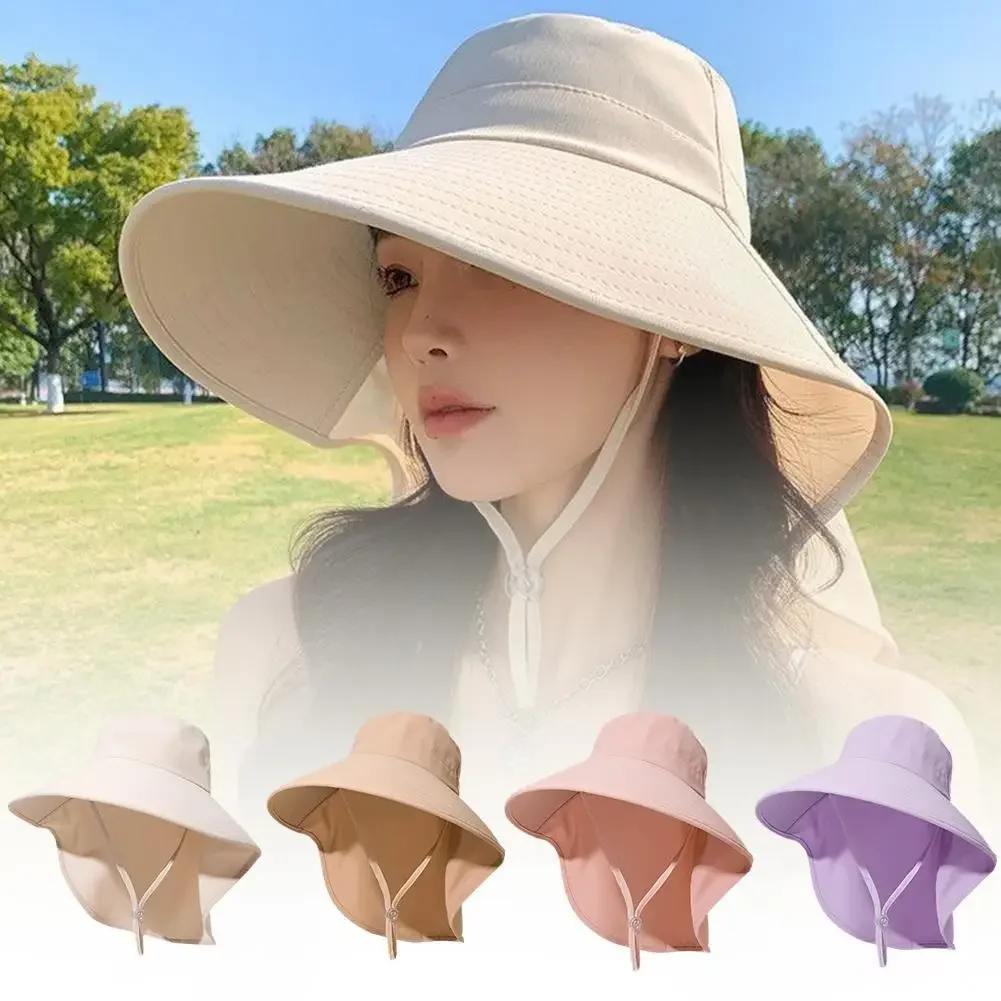 Summer Large Brim Sun Hats For Women Outdoor UV Anti Neck Protection Sun Visors Lady Fishing Hiking Shawl Sunscreen Cap