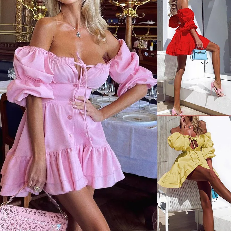 

2023 Summer Women's Dress Streetwear Solid Sexy Short Sleeved Off The Shoulder Nightclub Mini Skirt Womenwear Dresses For Women