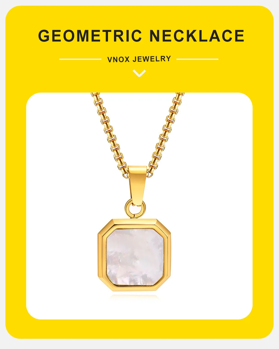 Vnox Mens Necklaces, Geometric Square Natural Stone Shell Pendant, Black Gold Color Stainless Steel Collar