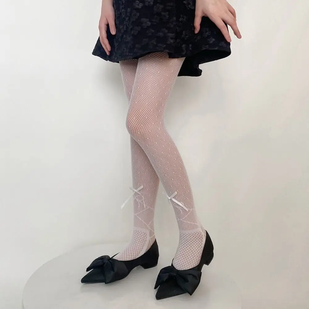 

Wearproof Hollow Out Breathable Simple Refreshing Y2K Ribbon Stockings Bow Pantyhose Fishing Net Hosiery Women Balletcore Socks