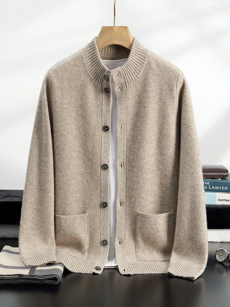 ANGEL Men's 100% Cashmere Sweater Coat Mock Neck Thick Cardigan Buttons Smart Casual Autumn Winter Cashmere Knit Clothing Top 4