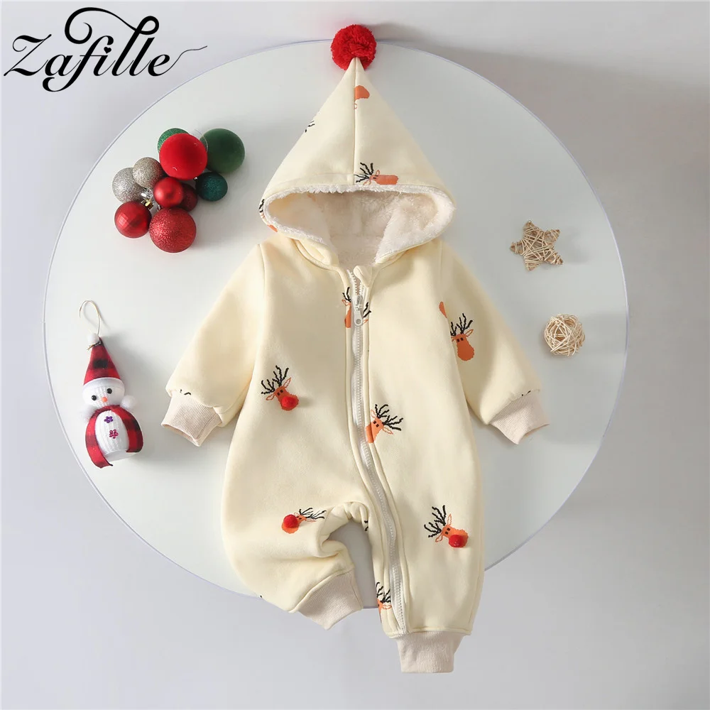 

ZAFILLE Christmas Elk Baby Costume Zipper Hooded Jumpsuit For Newborns Girls Clothing Plush Infant Sleepwear Girls Winter Wear