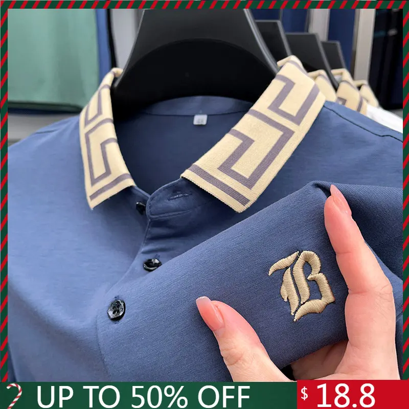 

2023 Summer Advanced Embroidery Polo Shirts Printed Men's Premium Luxury Designer Brand Lapel Cotton T-shirts Fashion Black Tops
