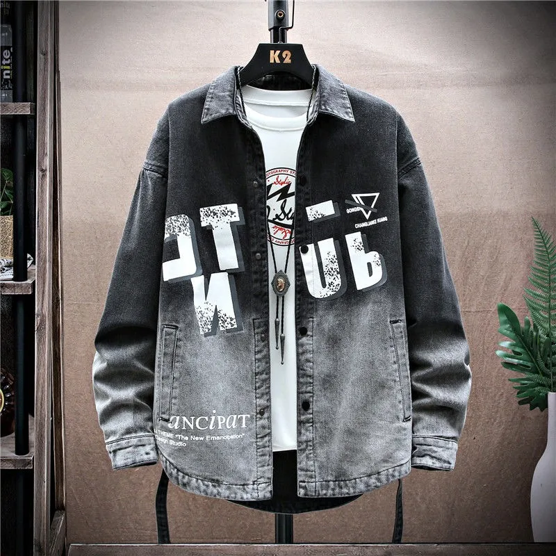 2023 New Men Spring Autumn High-end Denim Jacket Short Loose Printing Overcoat Relaxation Fashion Turn-down Collar Outwear