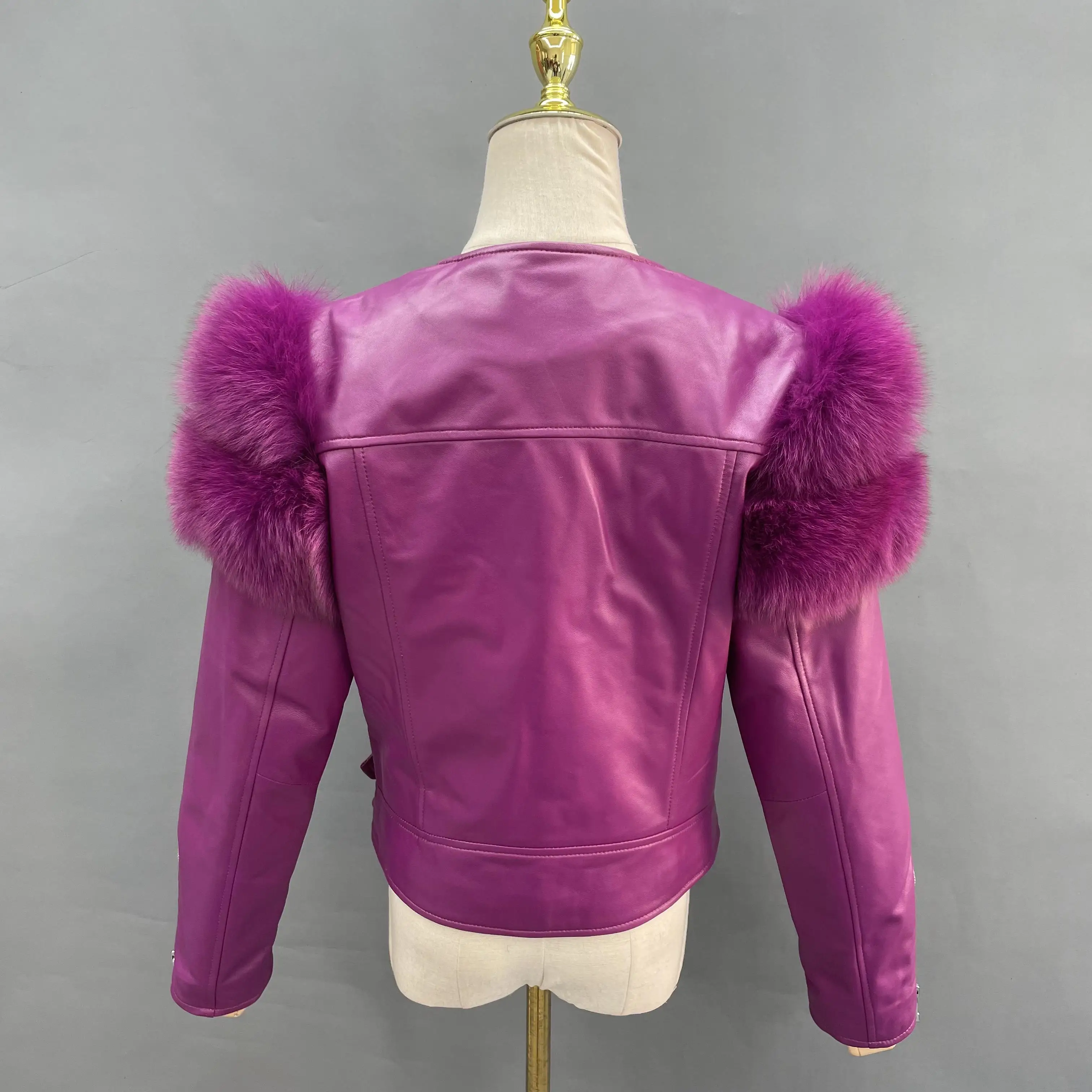 2023 Janefur Ladies' Genuine Leather Jacket with Fur Sleeve Women's Natural Lambskin Outcoat