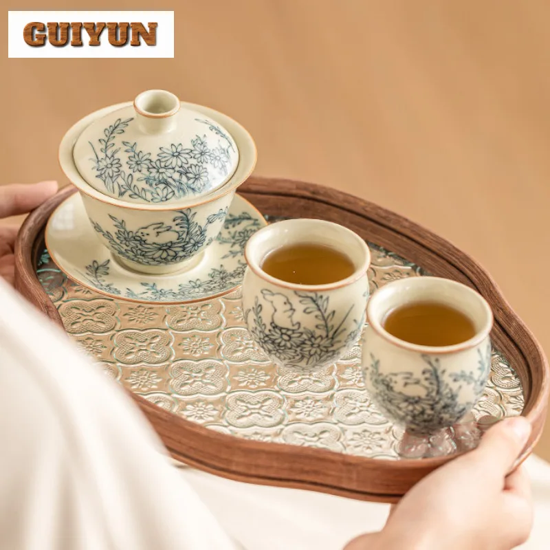 Cute Rabbit Sunshine Flower Ru Kiln Tea Set Kit Creative 1 Pot 2 Cups Tea Making Portable Travel Organizer Cloth Bags Supplies
