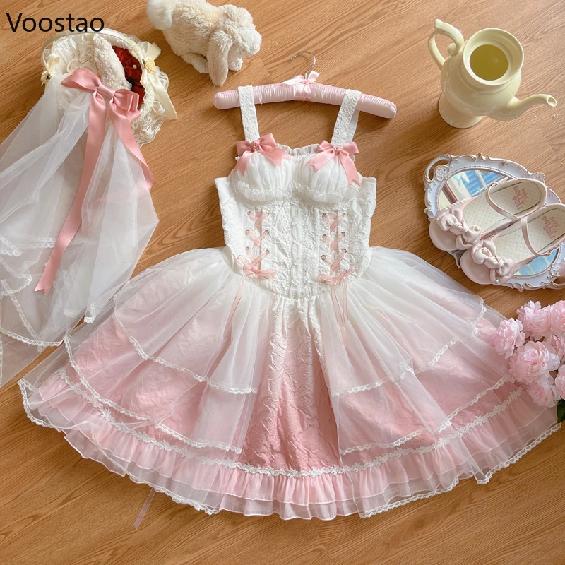 Japanese Vintage Sweet Lolita Dress Women Elegant Cute Bow Bandage Princess Party Mini Dresses Girls Kawaii Flower Wedding Dress
