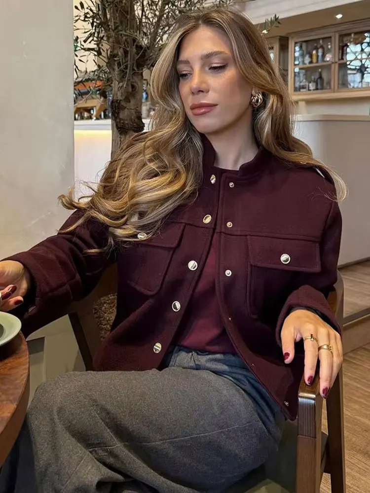 HH Women Vintage Wine Red Coat O Neck Long Sleeve Single Breasted Jacket With Pockets Autumn Casual Office Lady Outerwear