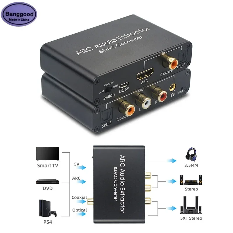 HDMI-compatible ARC Audio Extractor DAC Converter Adapter Fiber Coaxial SPDIF Coaxial RCA 3.5mm Headphone Jack Output Convertor hdmi compatible splitter extender hub box 4x2 matrix switcher support arc 4kx2k spdif coaxial audio output for ps3 xbox 360