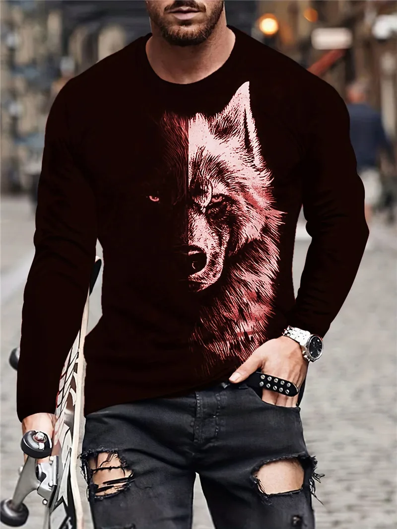 Man wearing a long sleeve 3D abstract wolf print T-shirt in hip hop streetwear style L brown