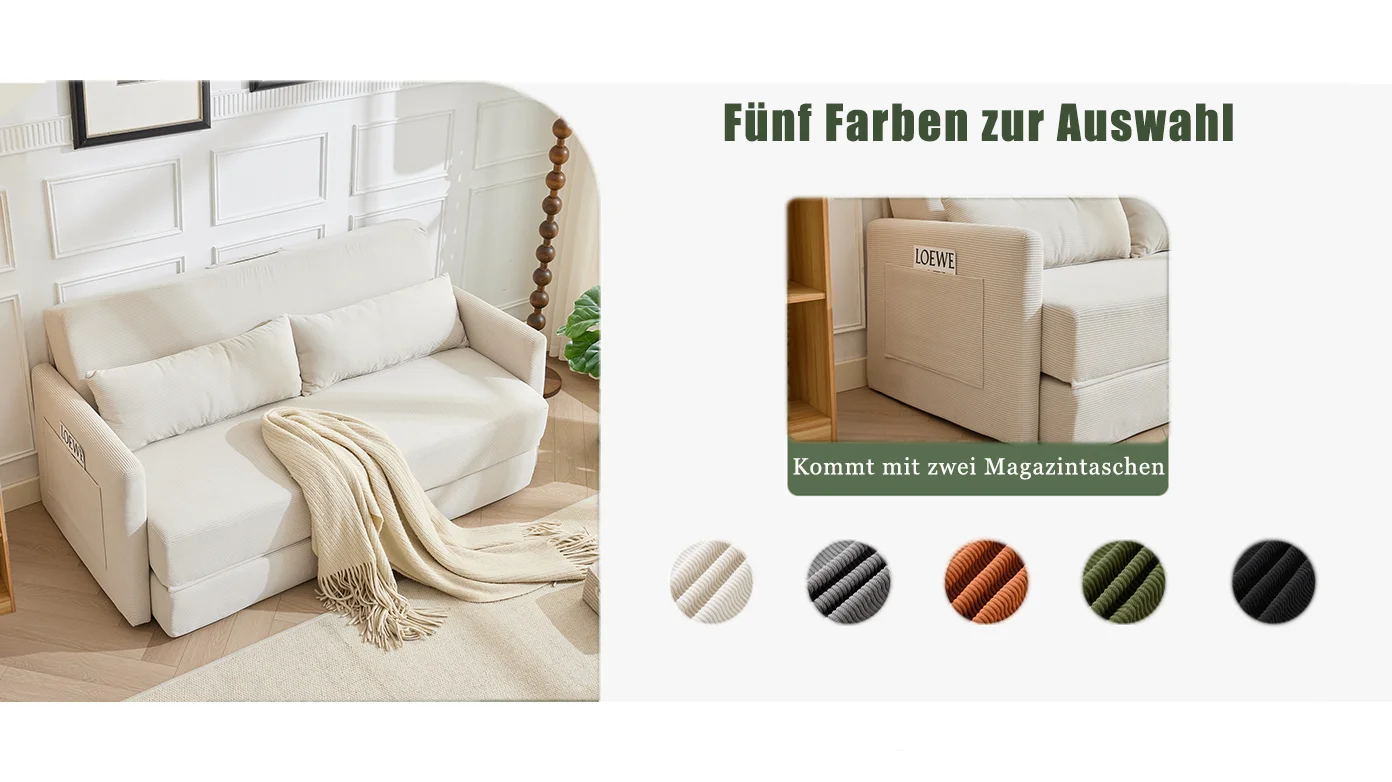 2-in-1 Konvertierbares Klappsofa-Bett aus Cord, 2-Sitzer Lounge-Couch mit Lendenkissen & Zeitschriften-Aufbewahrungstaschen, Beige – Detail 1
