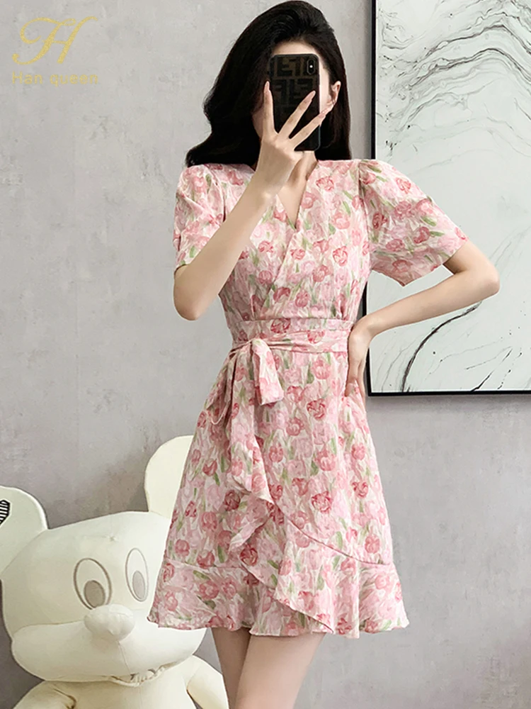 

H Han Queen Summer Dresses Womens Korean Retro V-Neck A-Line Vestido Elegant Fashion Slim Print Office Party Dress Woman Clothes