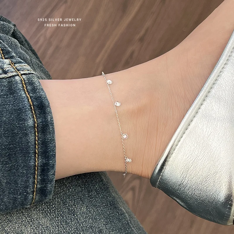 925 Sterling Silver Sweet Tassel Zircon Anklet For Women Korean Exquisite Elegant Summer Foot Accessories Gift Anklet Bracelets Silver Anklets Ankle Chain