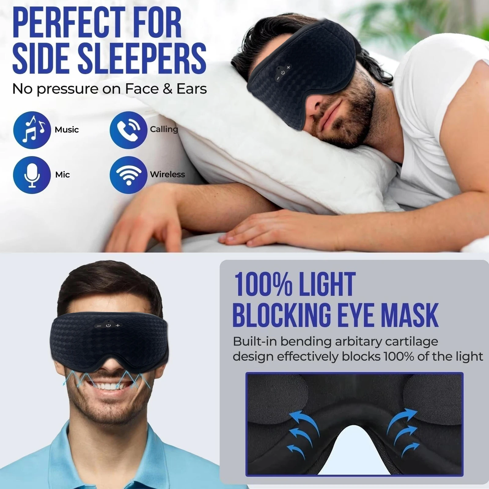 3D Bluetooth Eye Mask Wireless Stereo Sleeping Earphones Comfortable Washable Blindfold Handsfree Call Eyemask for Home Travel