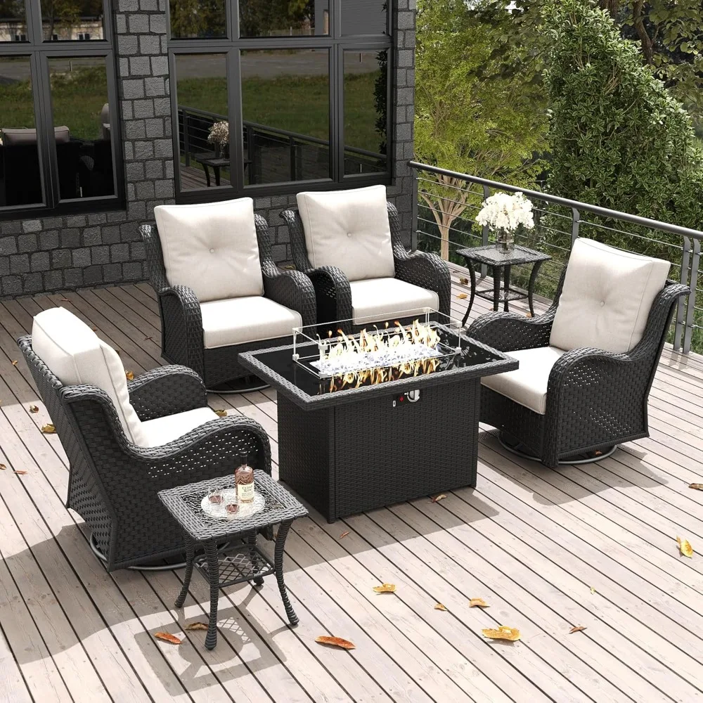 7 Pieces Outdoor Patio Furniture Set with Fire Pit Table, Rattan Wicker Swivel Rocker Chairs Sets with Swivel Glider 6