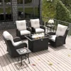 7 Pieces Outdoor Patio Furniture Set with Fire Pit Table, Rattan Wicker Swivel Rocker Chairs Sets with Swivel Glider 6