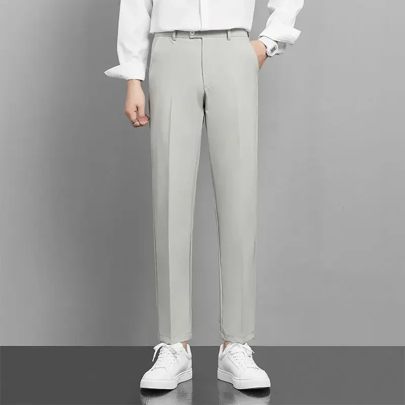 thumbnail image 1 of Pantalones de traje masculino recortados Pantalones de verano blancos rectos para hombre Sastrería 2024 Ropa de diseñador Vestido elegante de estilo coreano de lujo, 1 of 5