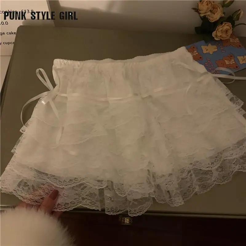 

2024 Lace Mini Skirt Women Summer High Waist Y2k Skirts Sweet Kawaii Streetwear Bow Bandage Korean Fashion Fairy Grunge Shorts